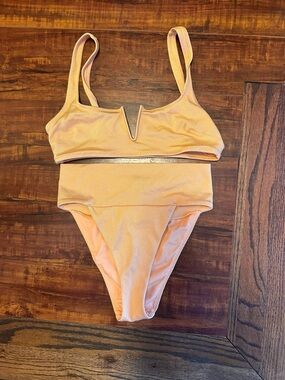 Aerie Peach Textured V-Notch High-Waist Bikini